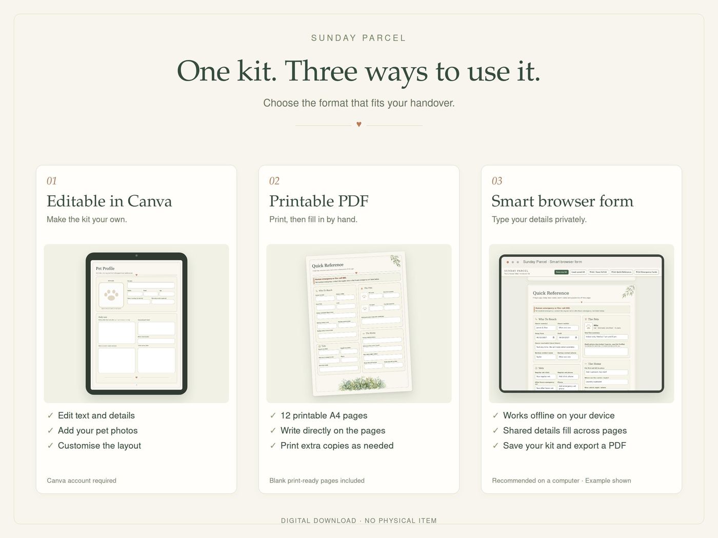 The three formats: editable Canva template, printable PDF and browser form