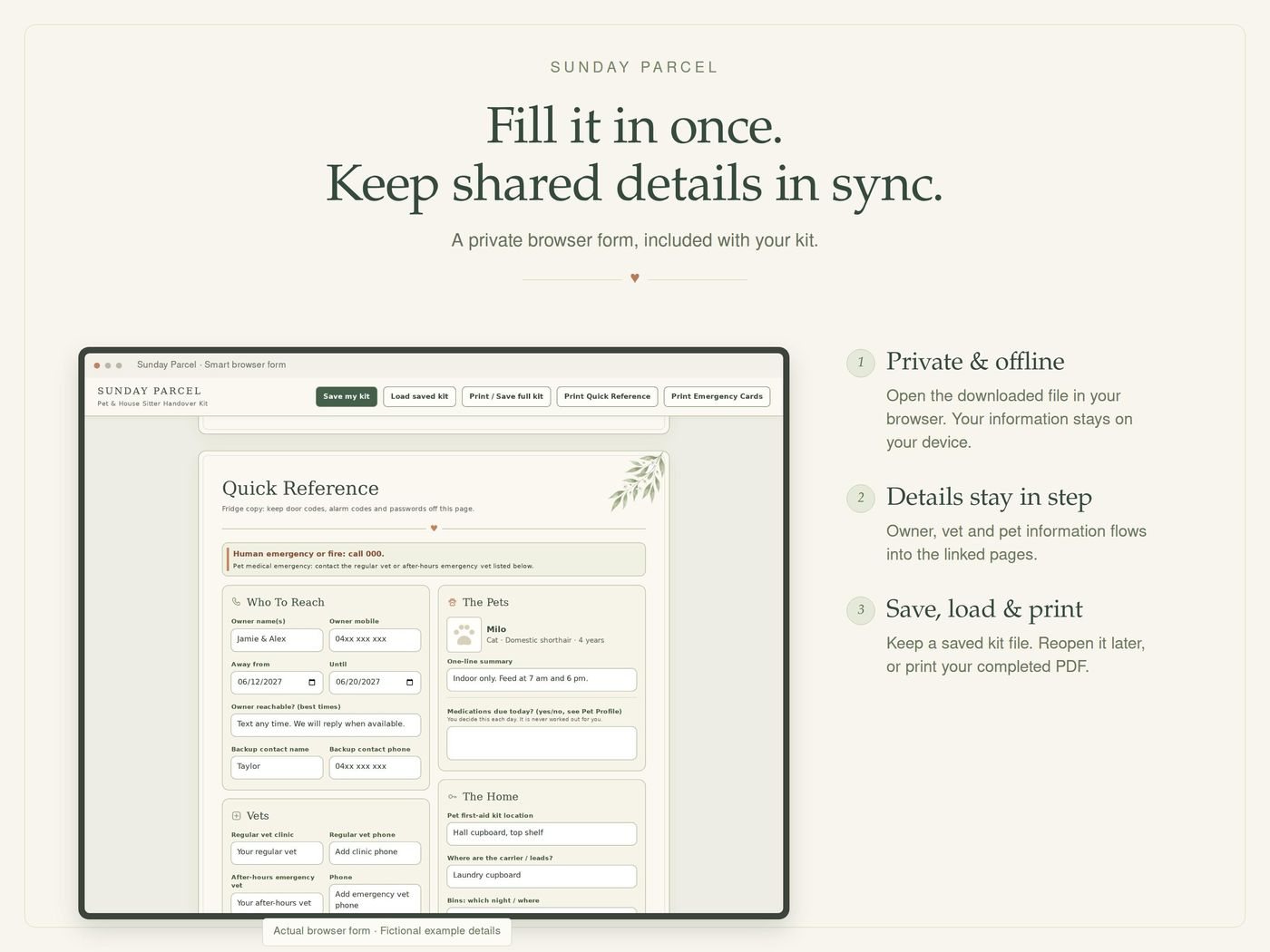 The browser form open on a laptop, showing the Quick Reference page with owner, vet and pet details